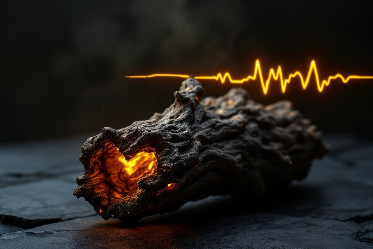 Iboga root bark with golden neural filaments and a faint heartbeat line — the neuroscience of ibogaine and addiction