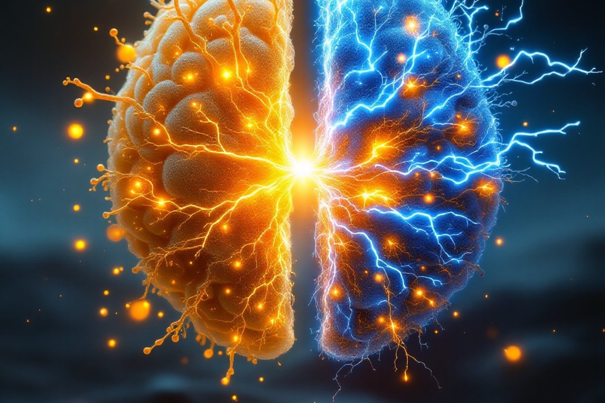 Split image of a golden serotonin bloom and a blue glutamate synapse — comparing MDMA and ketamine for PTSD