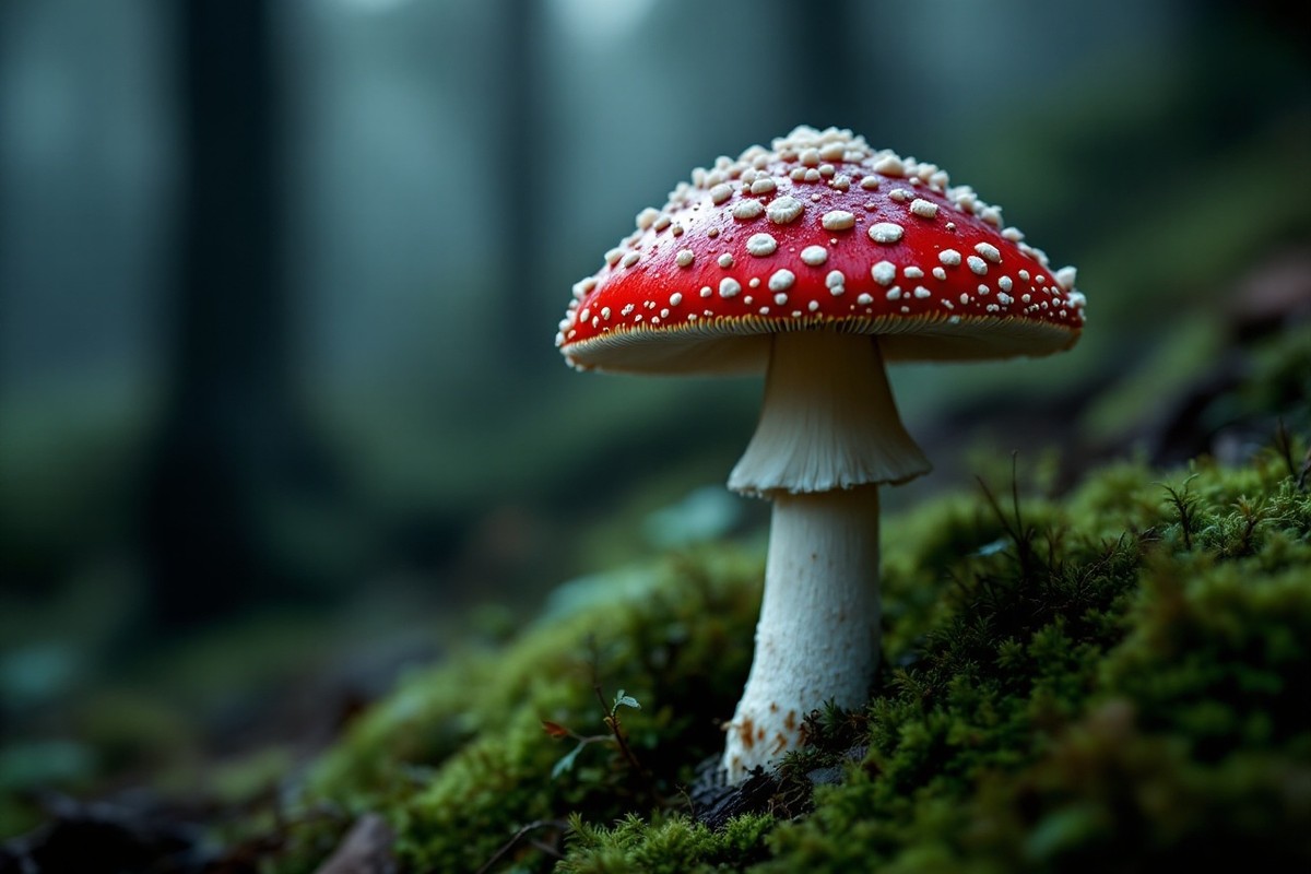 A red-and-white Amanita muscaria fly agaric mushroom on a dark mossy forest floor — the GABA-A neuroscience of muscimol