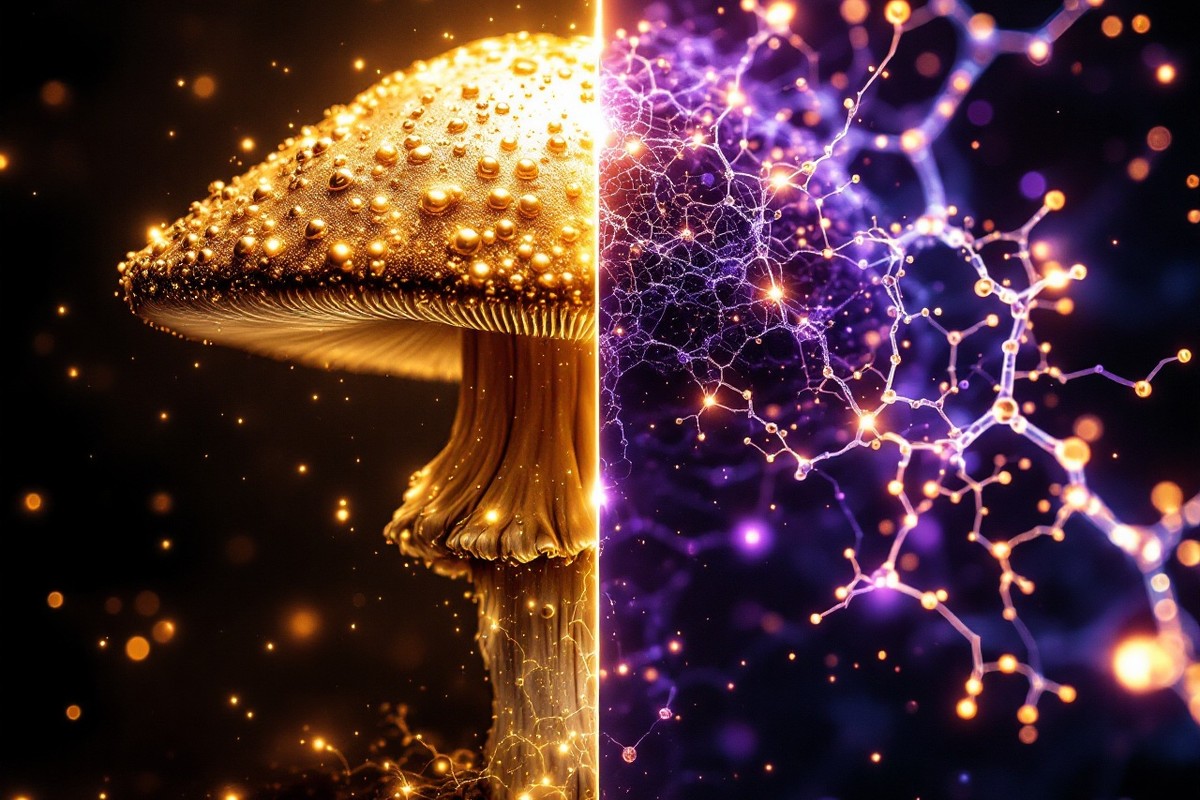Split image of a golden psilocybin mushroom and a glowing violet LSD ergoline molecule — psilocybin vs LSD neuroscience compared