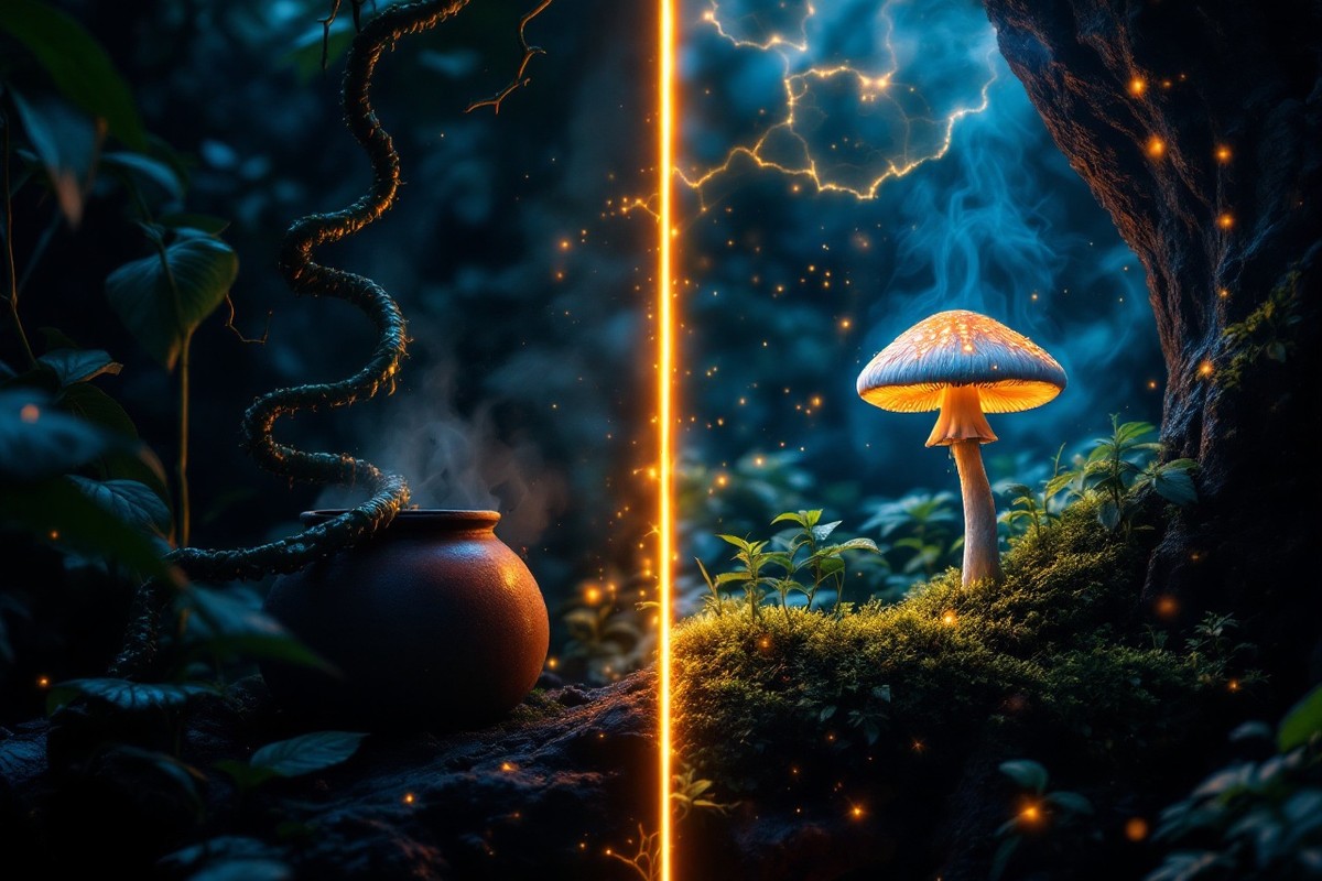Ayahuasca vine and psilocybin mushroom split-duality composition