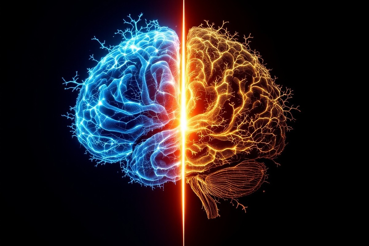 Split-duality brain, indigo ketamine half meeting molten-gold psilocybin half