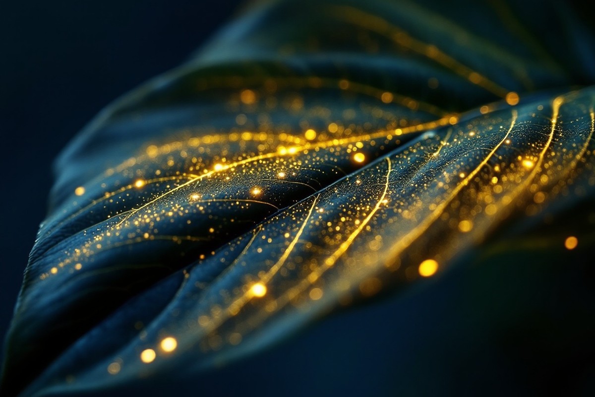 Glowing Mitragyna speciosa leaf dissolving into golden neural filaments