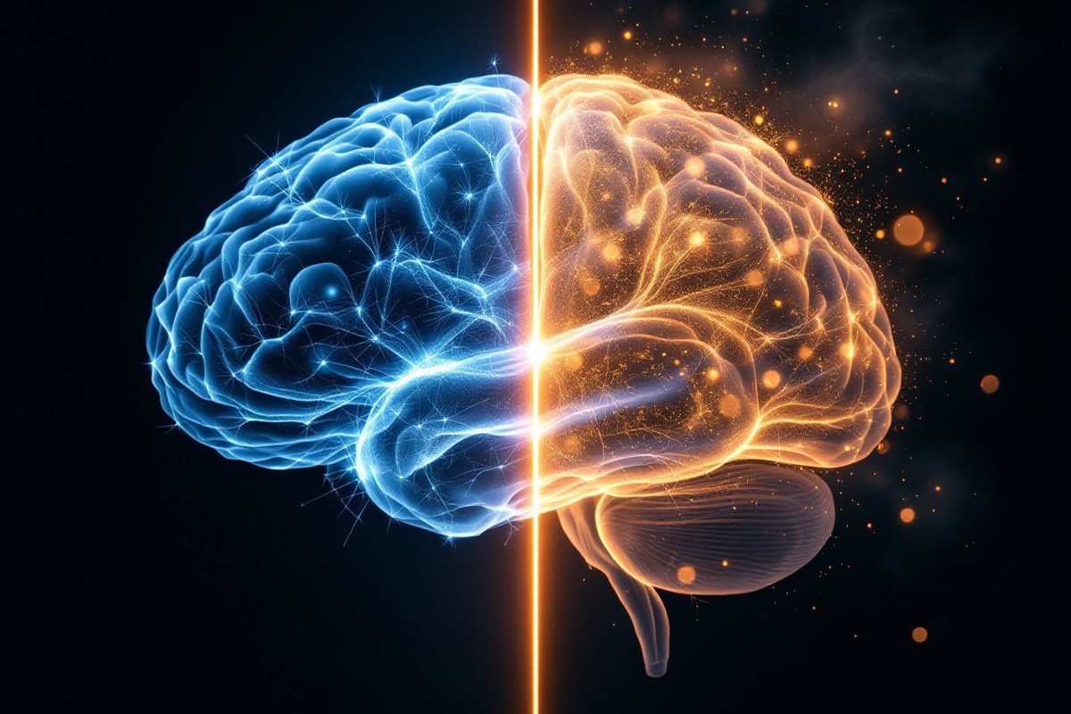 Split-duality brain in gold and indigo representing ketamine versus nitrous oxide